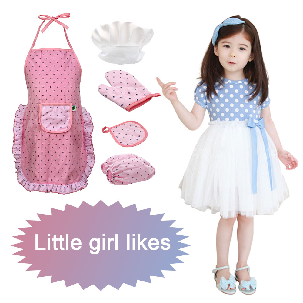 KKONES Kids Cooking Baking Set 17Pcs Kids Chef Role Play Costume Set Chef Hat and Matching Pink Apron Children Dress up Pretend Gift for 3 4 5 6 7 8 Year Old Girls Toys