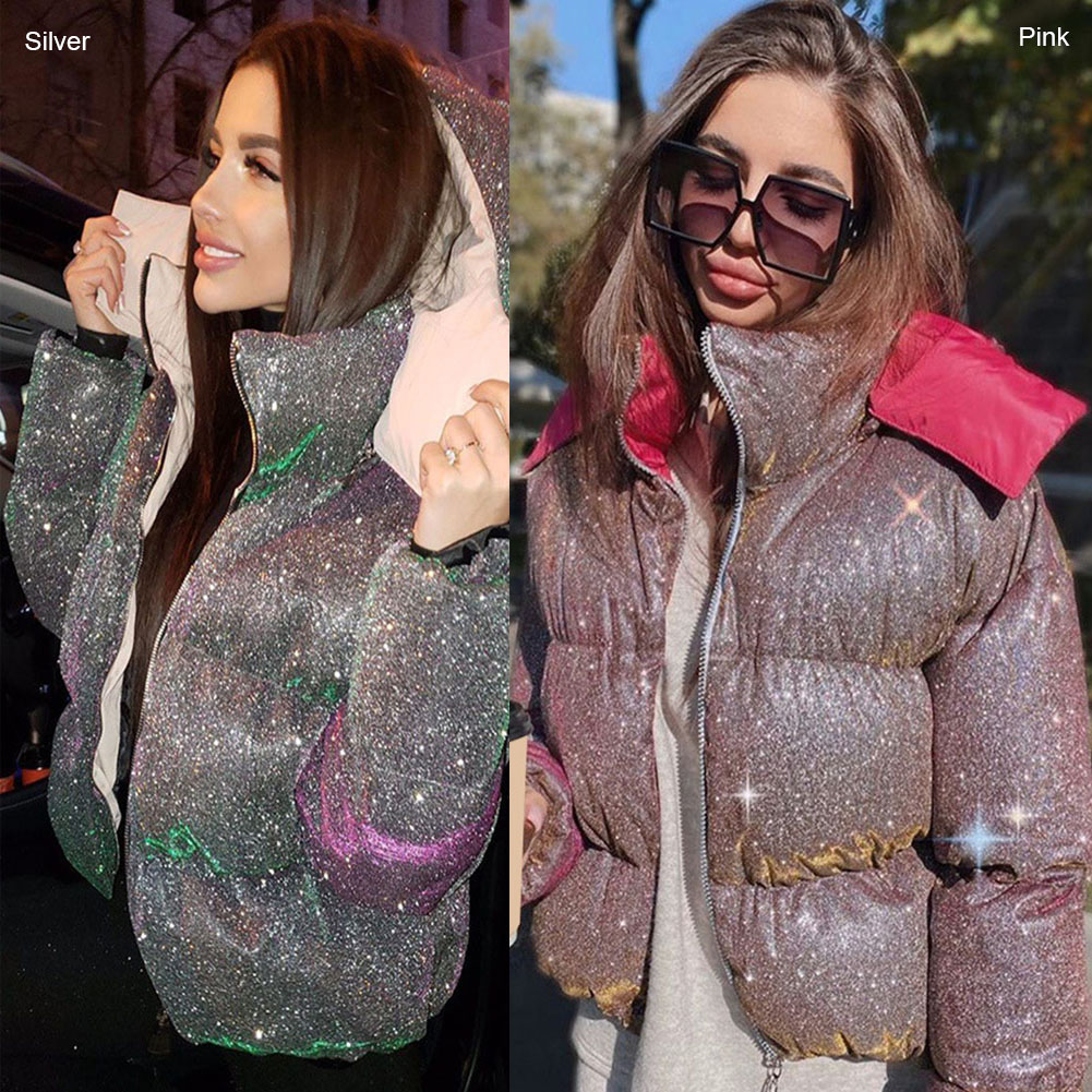 Womens Down & Parkas Autumn Winter Glitter Reflective Puffer Jacket ...