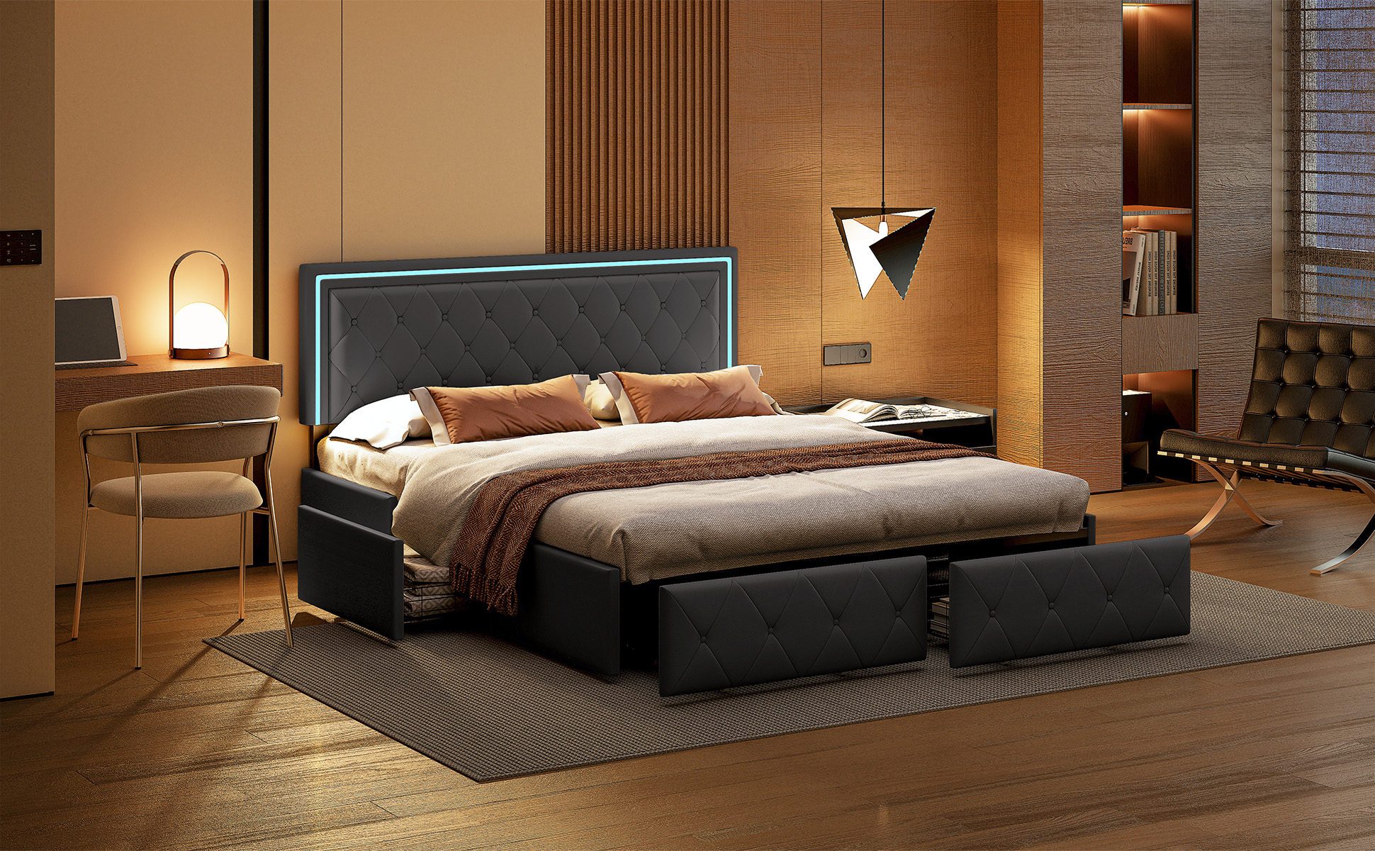 Lit Design 160x200cm Capitonné | Tête de lit ajustable & LED ...