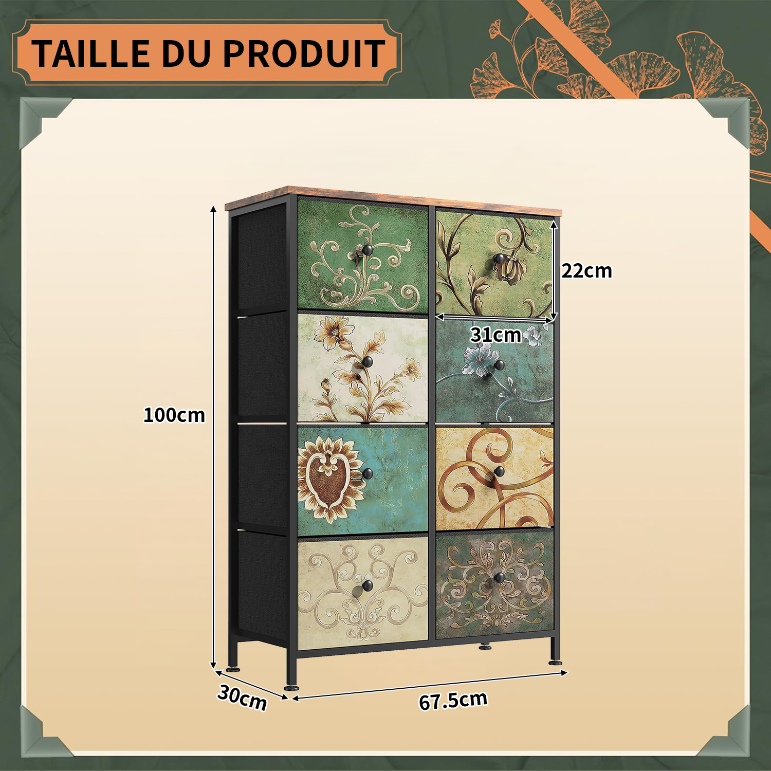 Commode 8 tiroirs en tissu design vintage