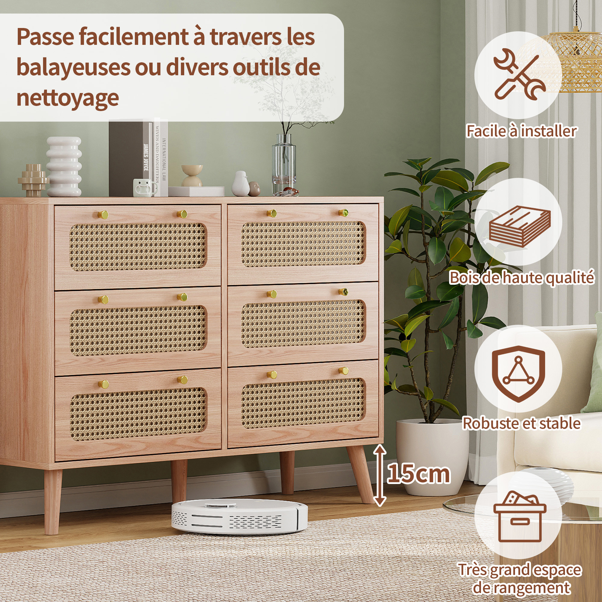 Meuble de rangement avec tiroirs et finition rotin