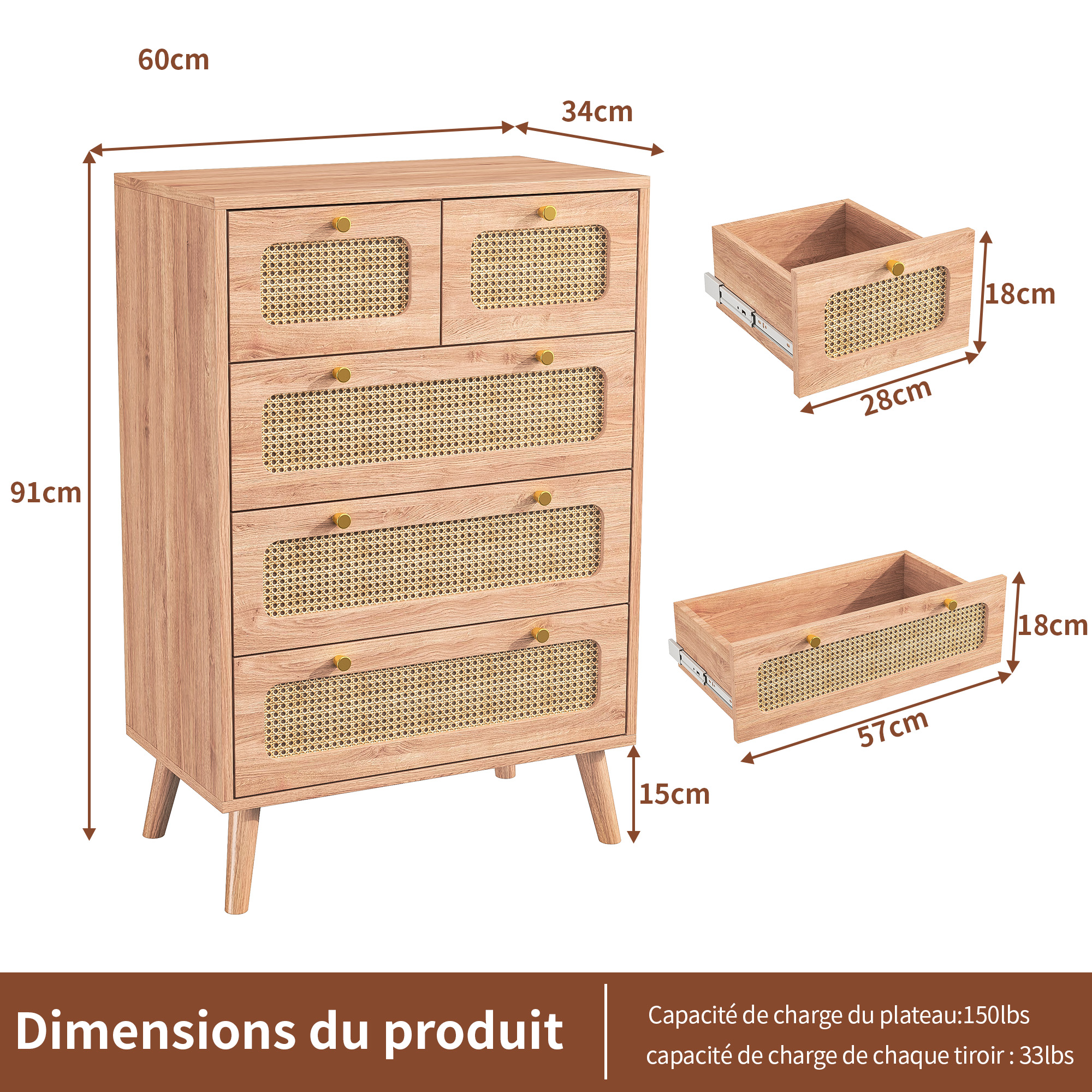 Commode 5 tiroirs élégante pour chambre adulte