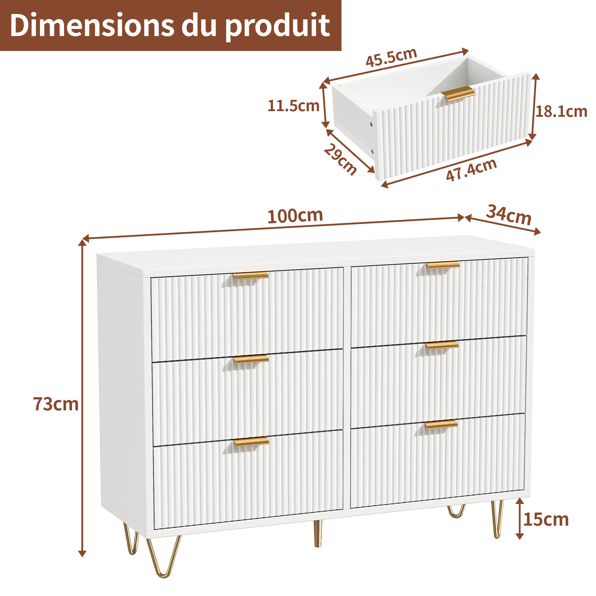 Commode 5 tiroirs élégante pour chambre adulte