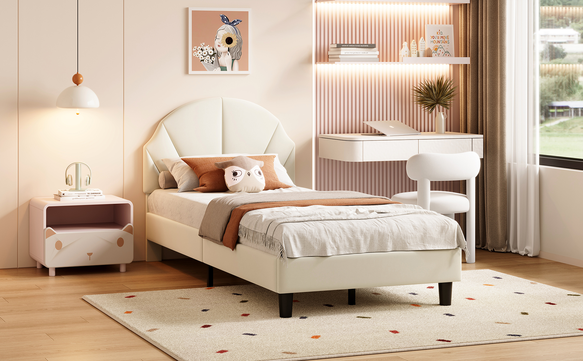 Lit enfant rembourré velours rose avec hauteur de tête réglable