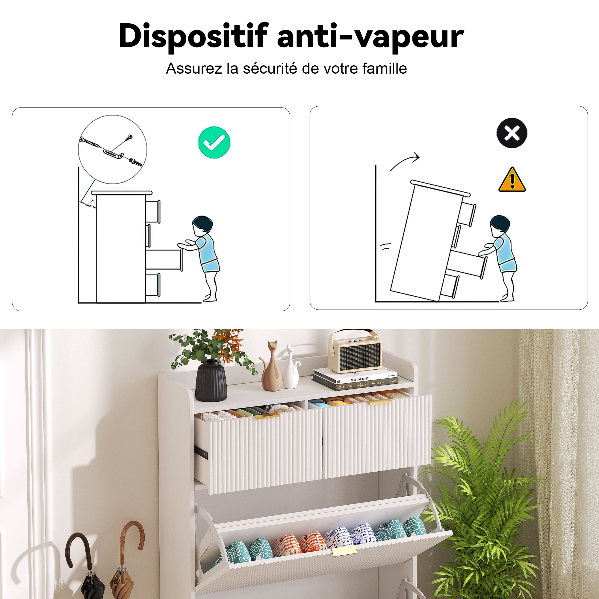 Meuble à chaussures blanc avec portes inclinables