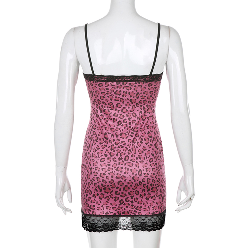 Sexy Skinny Lace Mini Y2K Dress Women Leopard Spaghetti Strap Dress 90s V neck Bandage Summer Sleeveless Party Club Cute Dresses